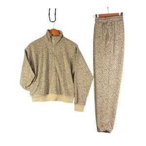 Fabletics Cozy Fleece‎ Half Zip Sweat Suit Animal Print Leopard Womens Small EUC